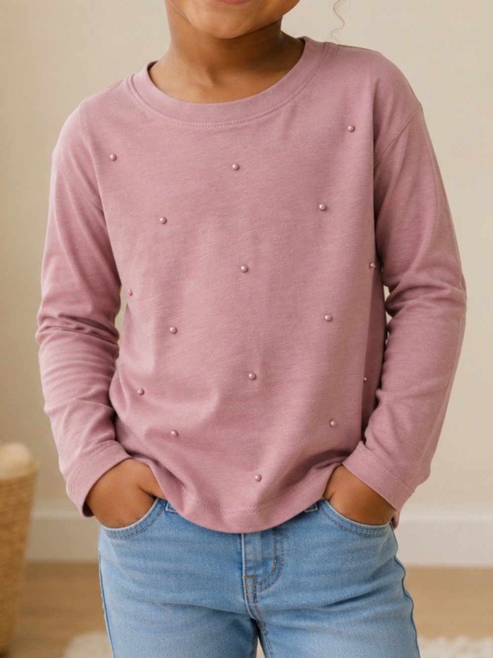 Cat & Jack Kids Dusty Pink Pearl-Embellished Long Sleeve Tee